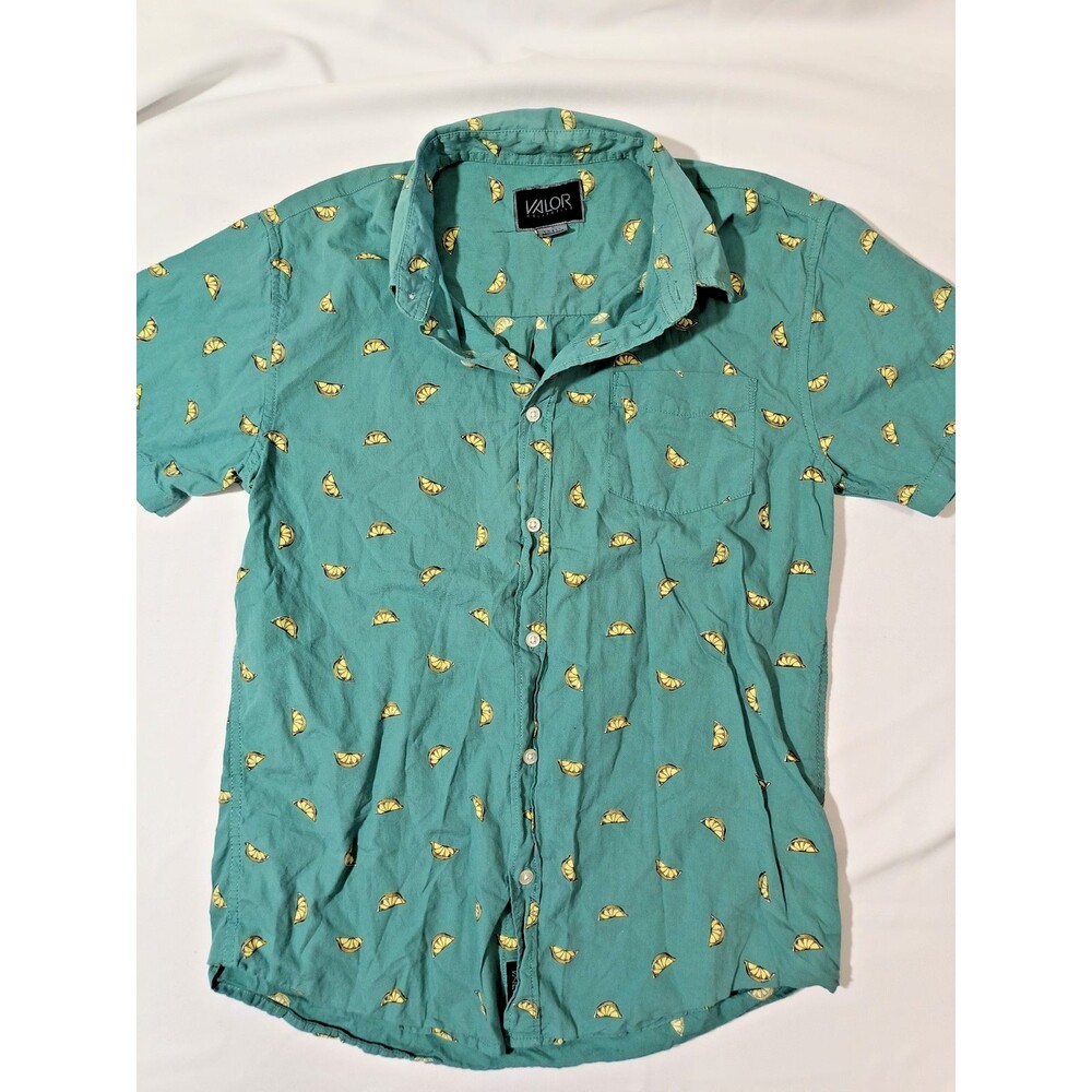 Valor Collective Mens Small Lemon Print Button Up Shirt Green Short Sleeve Novel